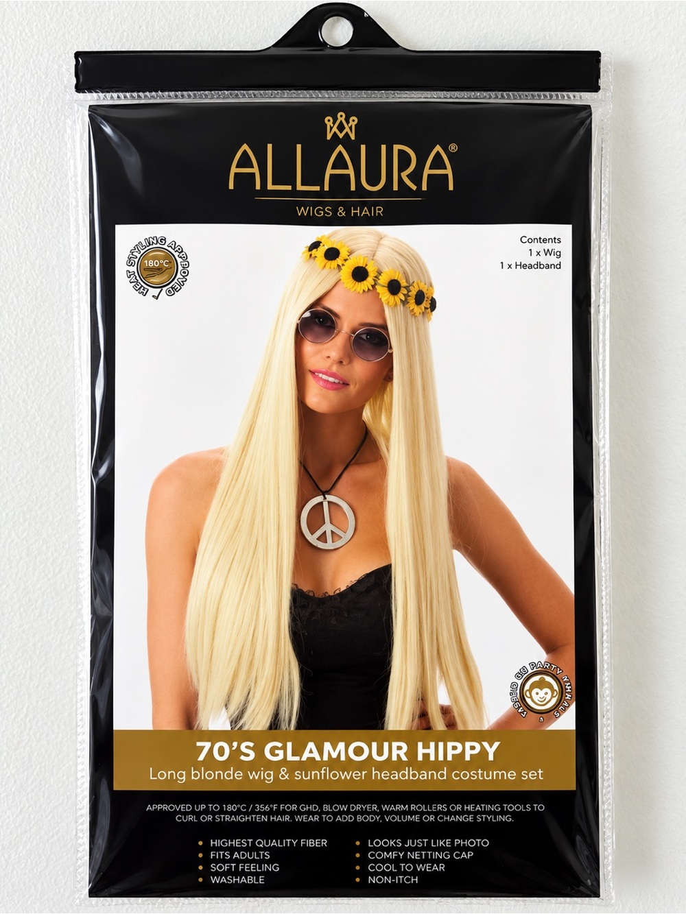 NWT Allaura Long Blonde 70’s Glamour Hippie Wig with Sunflower